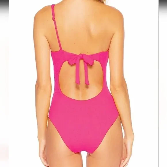 🆕️2023 BECCA BY REBECCA VIRTUE Pink Ribbed Asymmetrical One Piece Swimsuit M - Picture 7 of 14